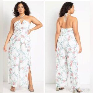 Eloquii White Floral Halter Sleeveless Pink Slit Wide Leg Jumpsuit‎ Plus Size 18